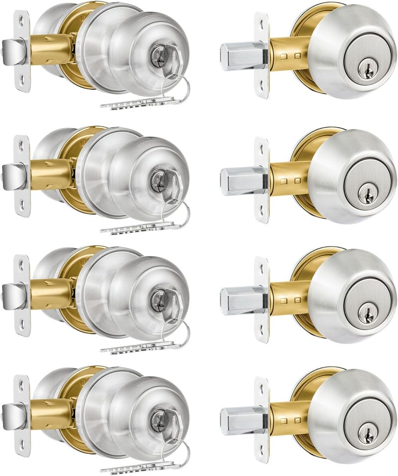 Plustool 4 Pack Exterior Door Lock Set, Satin Nickel Door Knob and Deadbolt Combo Set, Keyed Alike Entry Door Knobs with Lock&Keys, Round Ball Door Locksets with Deadbolt for Entrance and Front Door - Image 1